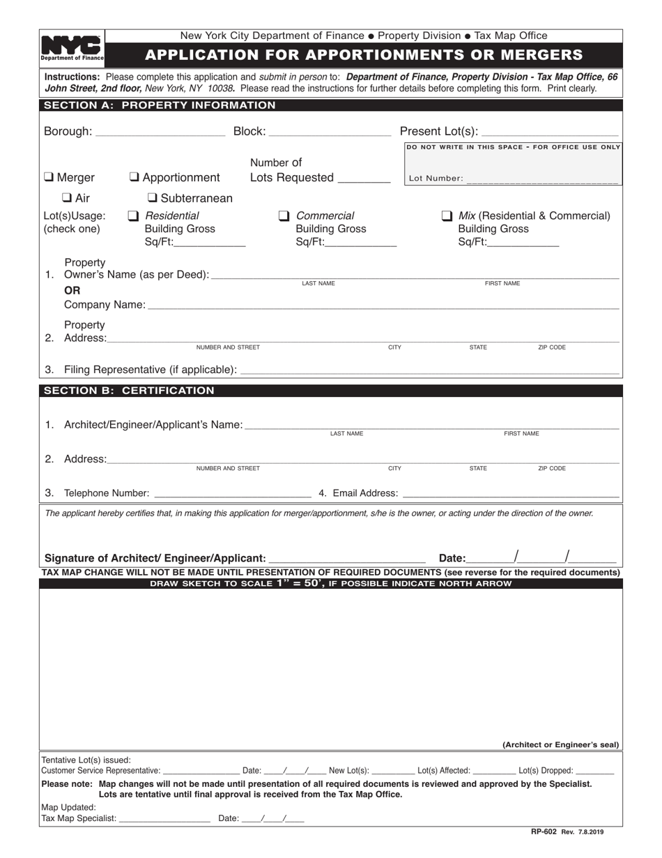Form RP-602 Application for Apportionments or Mergers - New York City, Page 1