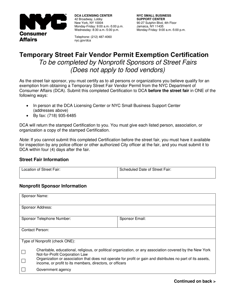 Temporary Street Fair Vendor Permit Exemption Certification - New York City, Page 1