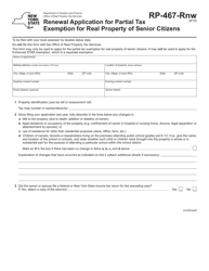 Document preview: Form RP-467-RNW Renewal Application for Partial Tax Exemption for Real Property of Senior Citizens - New York