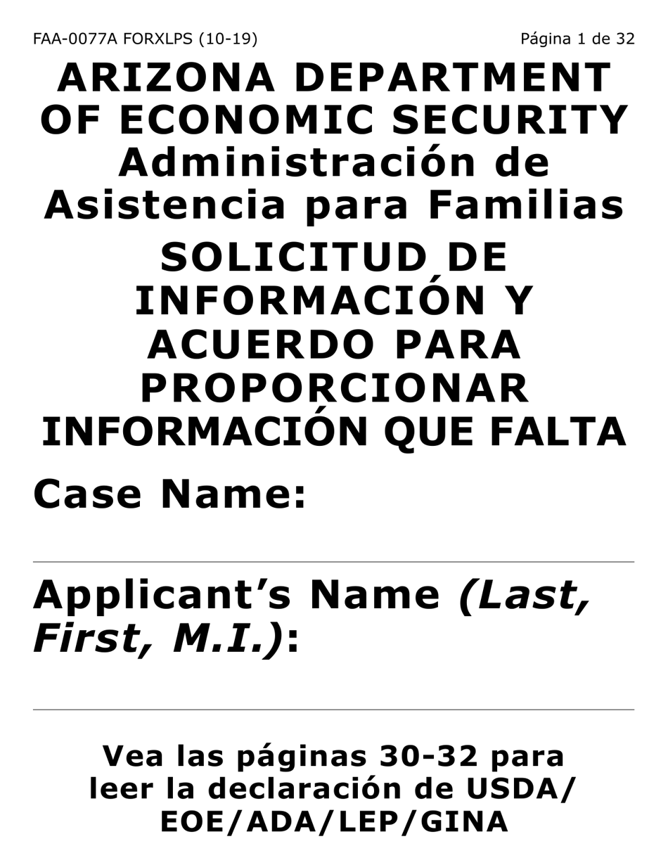 Formulario FAA-0077A-XLPS Solicitud De Informacion Y Acuerdo Para Proporcionar Informacion Que Falta (Letra Extra Grande) - Arizona (Spanish), Page 1