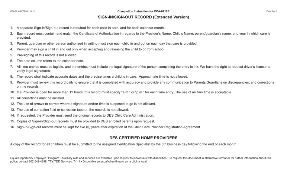 Form CCA-0218B Sign-In / Sign-Out Record (Extended Version) - Arizona, Page 2