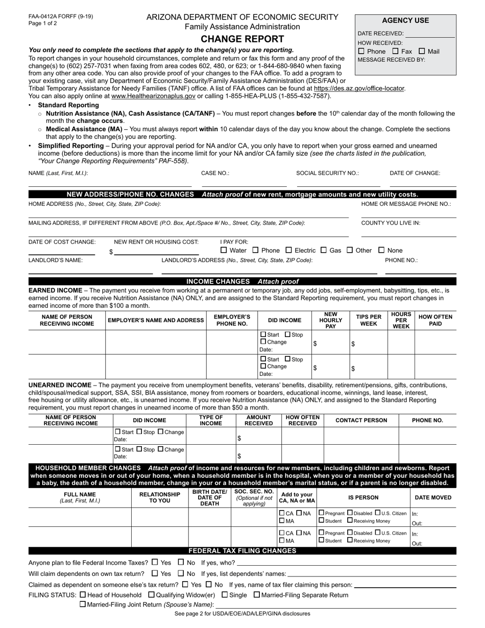 Form FAA-0412A Change Report - Arizona, Page 1