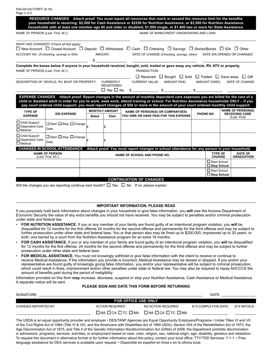Form FAA-0412A Change Report - Arizona, Page 2