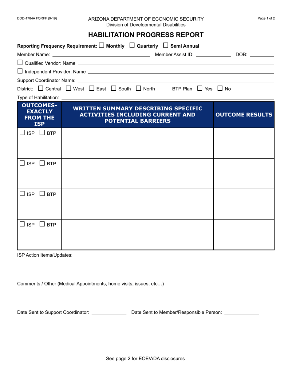 Form DDD-1784A Habilitation Progress Report - Arizona, Page 1