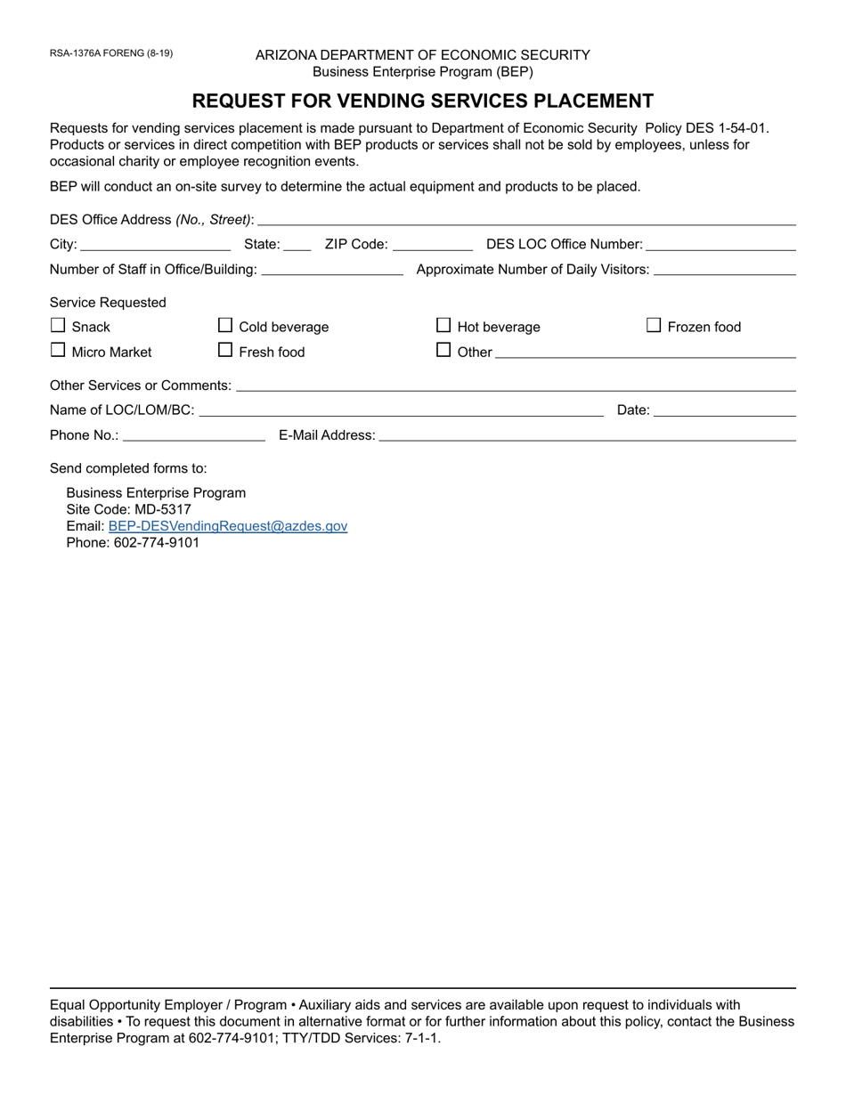 Form RSA-1376A Request for Vending Services Placement - Arizona, Page 1