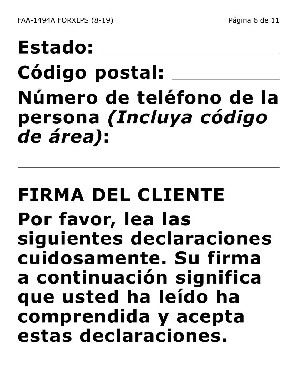 Form FAA-1494A-XLPS Remocion De Un Representante Autorizado (Letra Extra Grande) - Arizona, Page 6