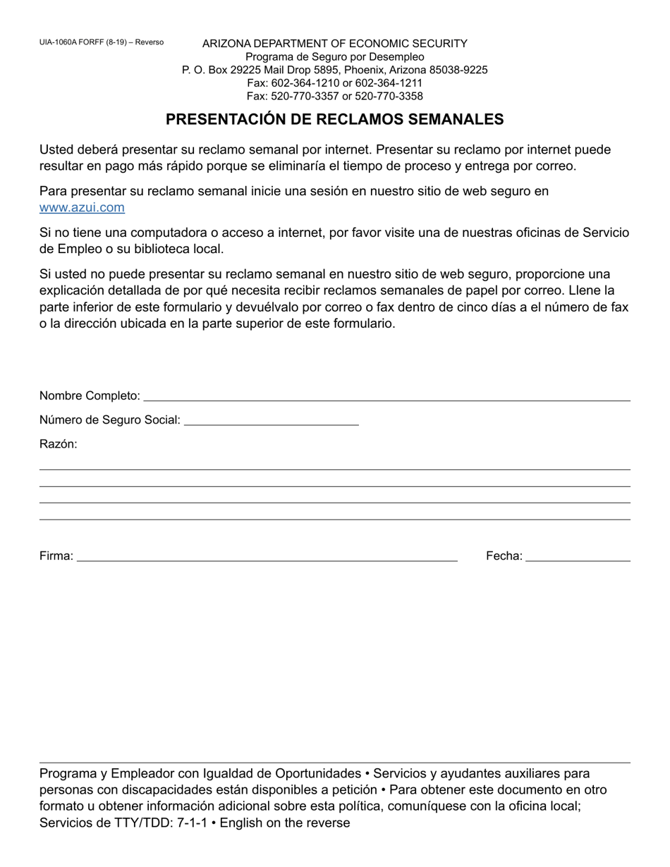 Form UIA-1060A Filing of Weekly Claims - Arizona (English / Spanish), Page 2