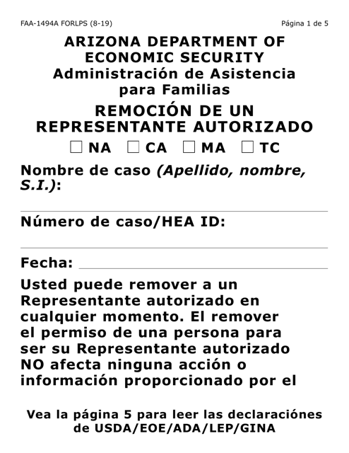 Formulario FAA-1494A-LPS Remocion De Un Representante Autorizado (Letra Grande) - Arizona (Spanish)