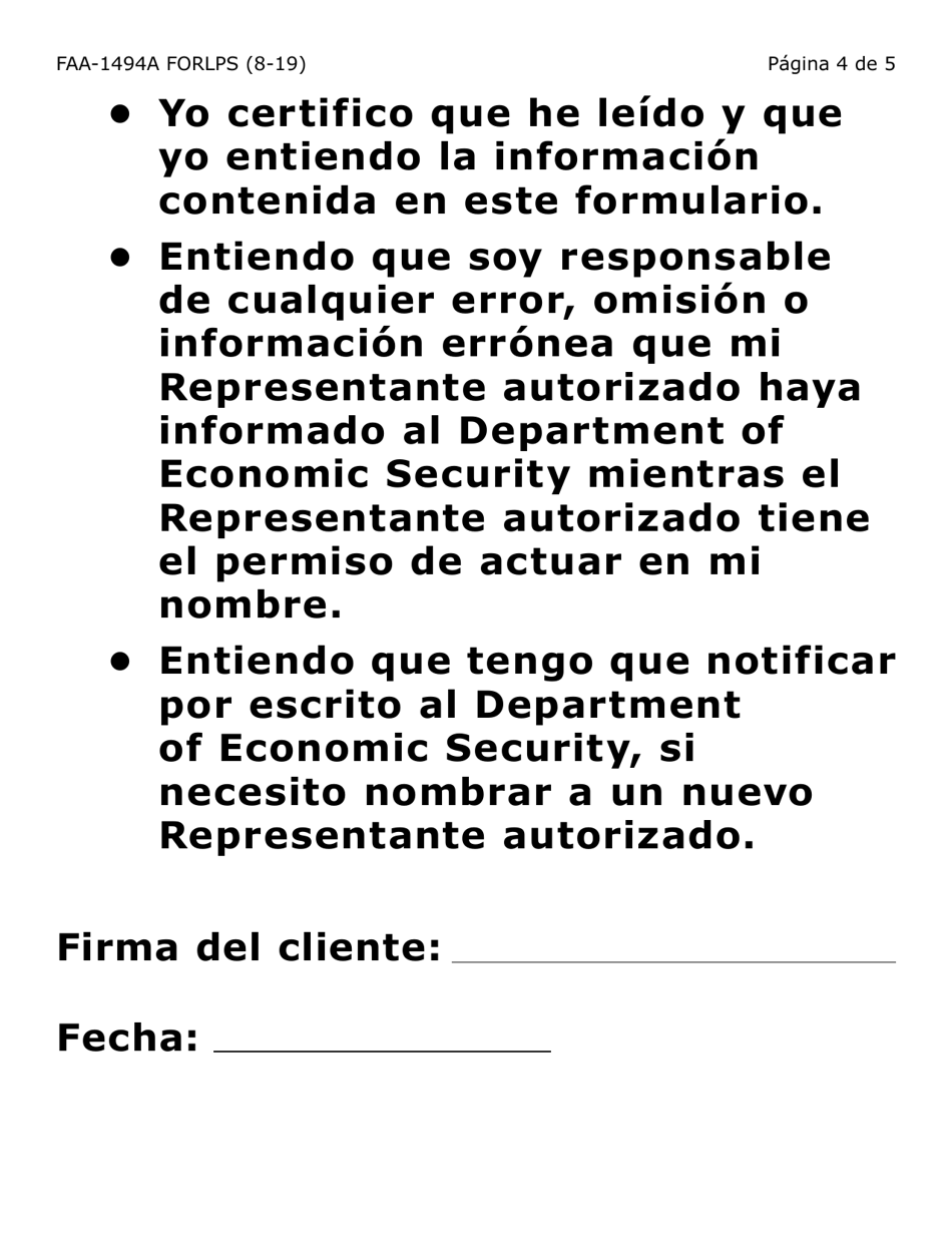 Formulario FAA-1494A-LPS Remocion De Un Representante Autorizado (Letra Grande) - Arizona (Spanish), Page 4