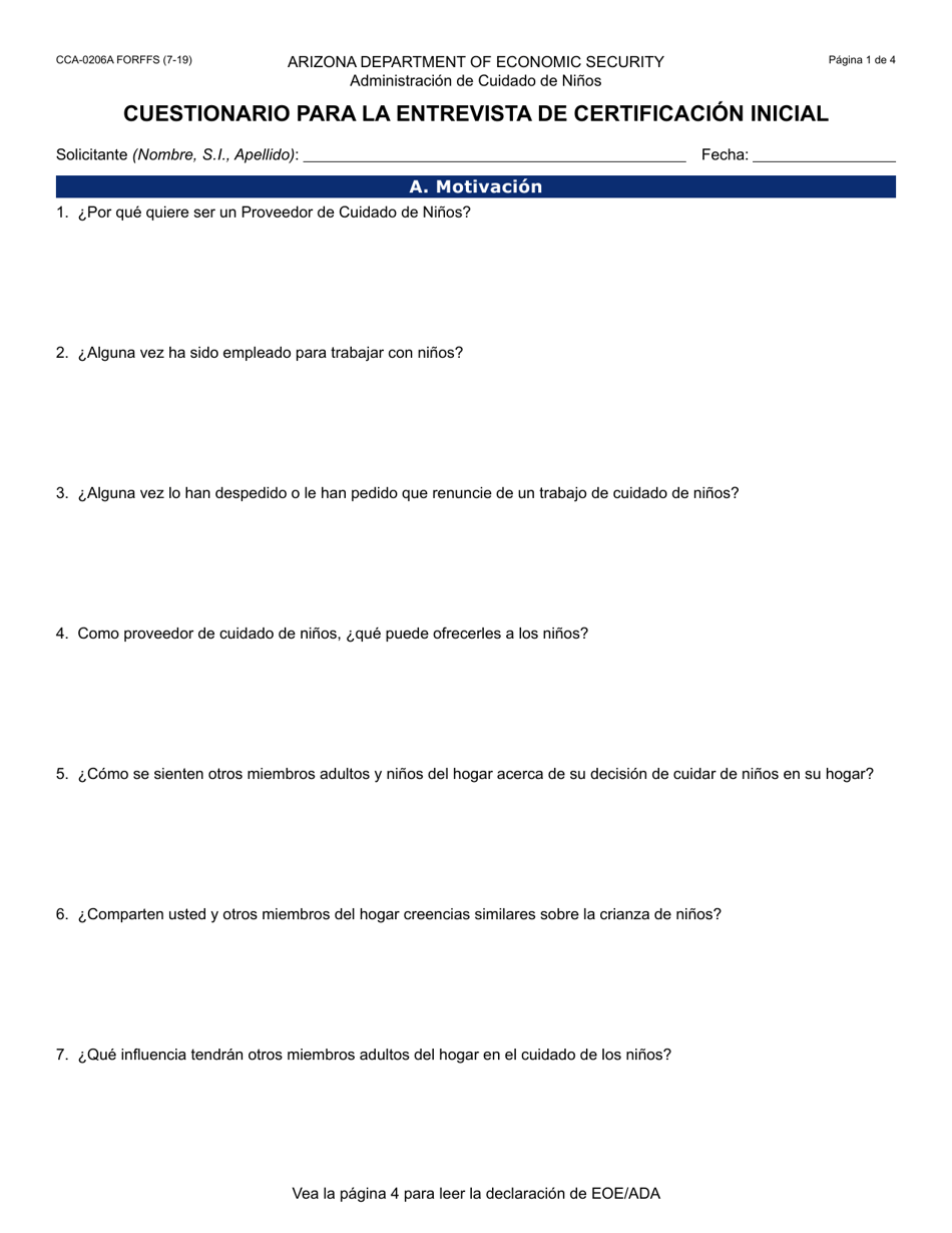 Formulario CCA-0206A-S Cuestionario Para La Entrevista De Certificacion Inicial - Arizona (Spanish), Page 1