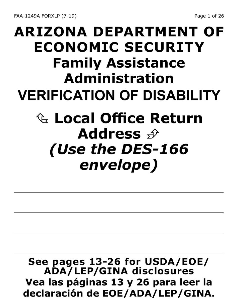 Form FAA-1249A-XLP Verification of Disability (Extra Large Print) - Arizona, Page 1
