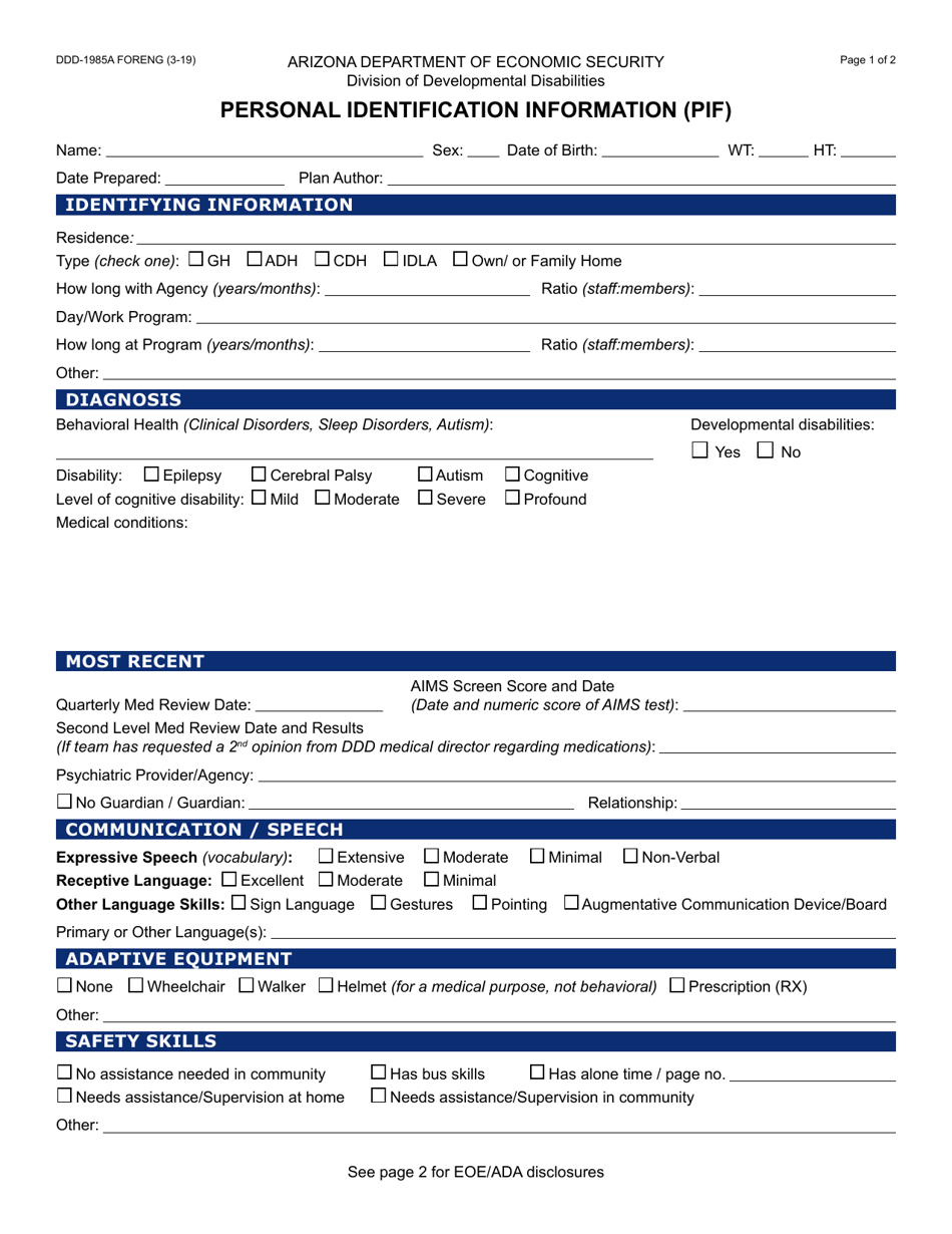 Form DDD-1985A Personal Identification Information (PIF) - Arizona, Page 1
