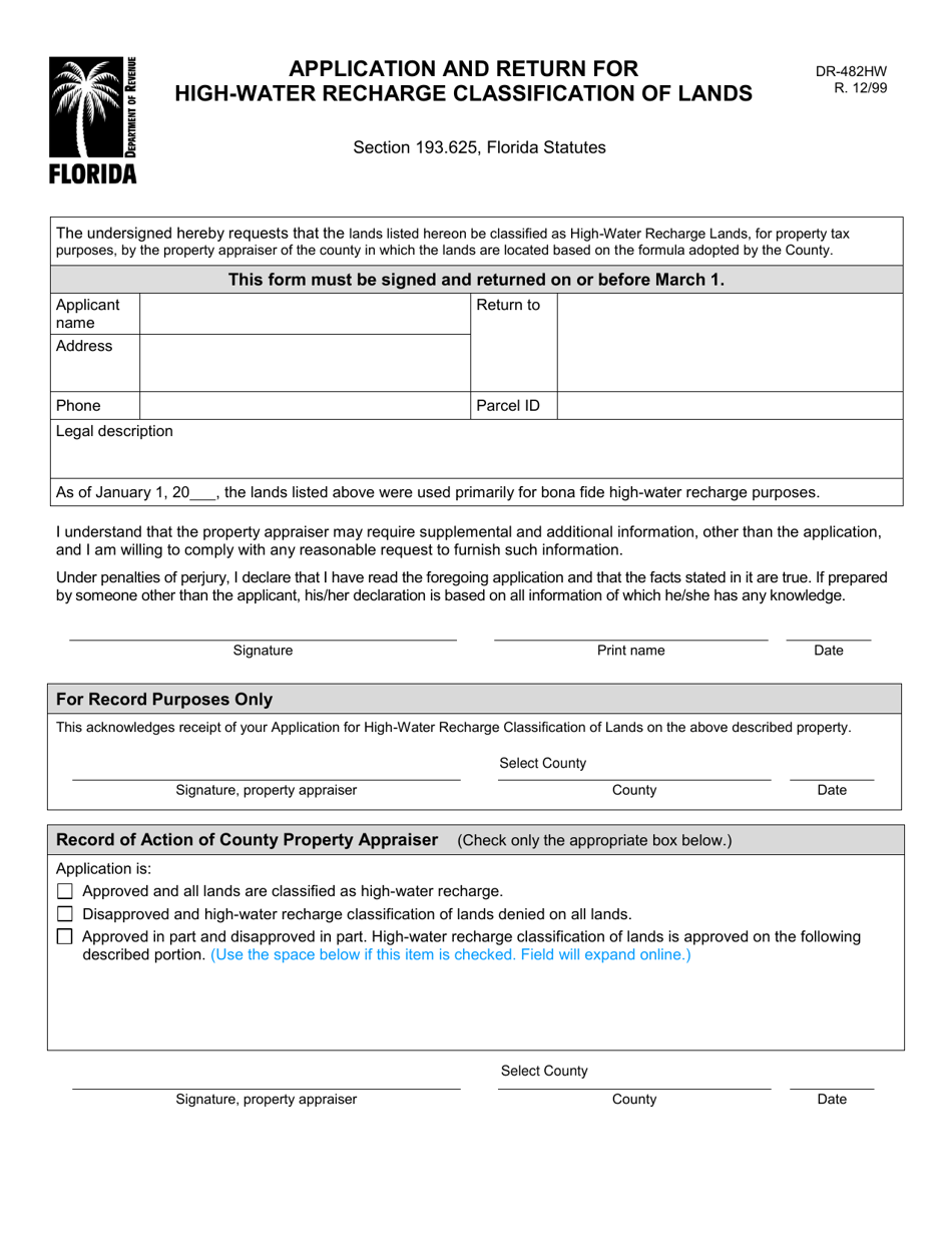 Form DR-482HW Application and Return for High-Water Recharge Classification of Lands - Florida, Page 1