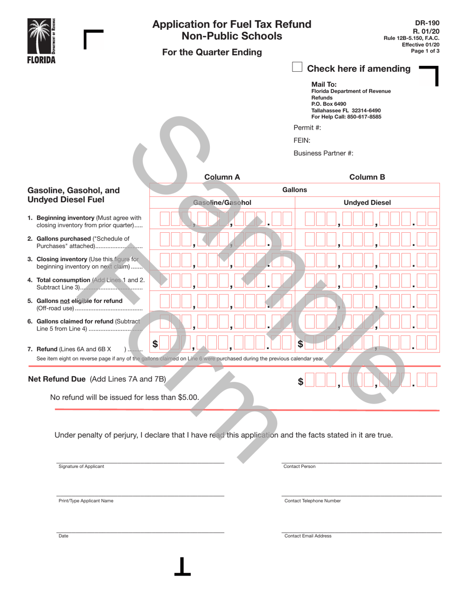 Form DR-190 Application for Fuel Tax Refund Non-public Schools - Sample - Florida, Page 1