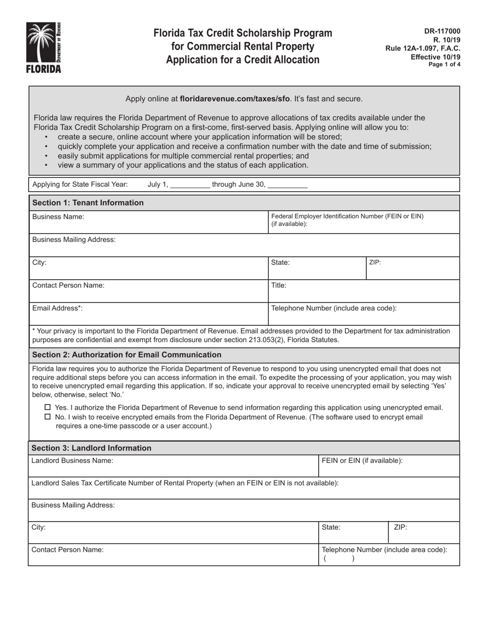 Form DR-117000 Florida Tax Credit Scholarship Program for Commercial Rental Property Application for a Credit Allocation - Florida, Page 1