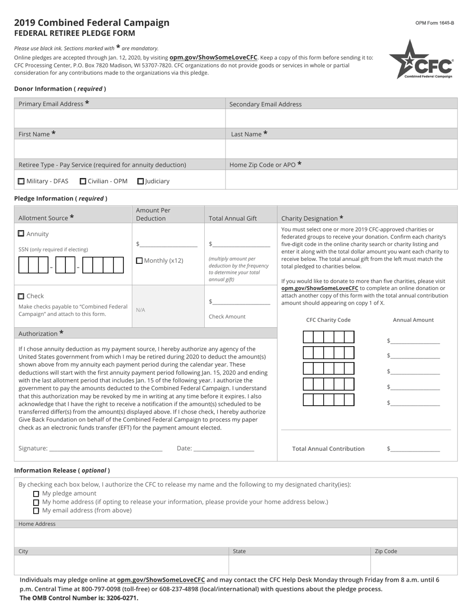 OPM Form 1654-B Combined Federal Campaign Federal Retiree Pledge Form, Page 1