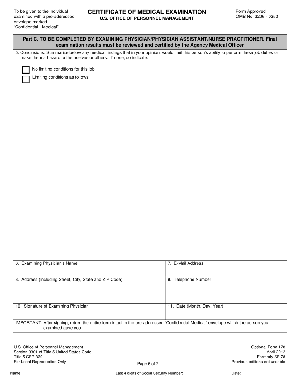 Form OF178 Certificate of Medical Examination, Page 6