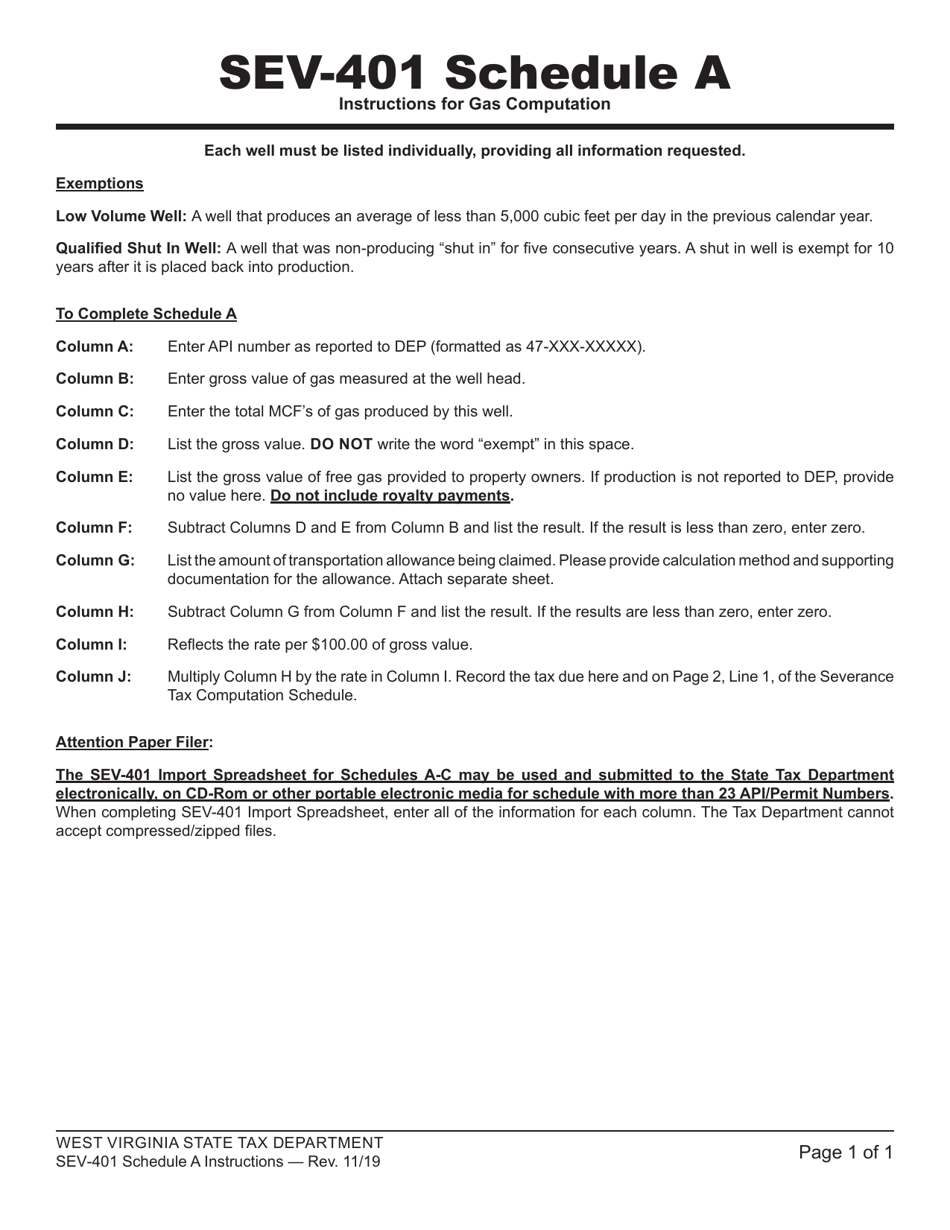 Instructions for Form SEV-401 Schedule A Natural Gas - Tax Computation and Exemption Schedule - West Virginia, Page 1
