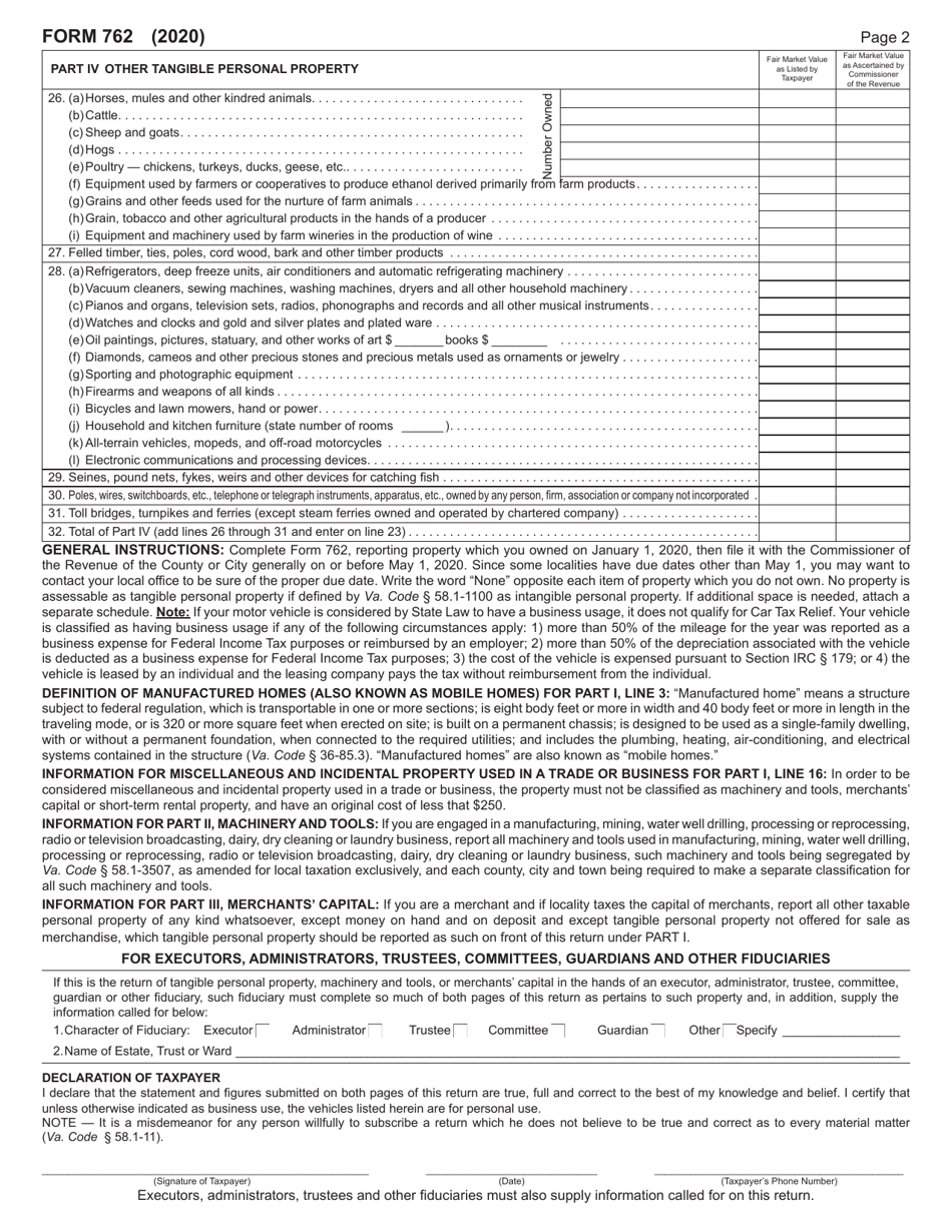 Form 762 Return of Tangible Personal Property, Machinery and Tools, and Merchants Capital - for Local Taxation Only - Virginia, Page 2