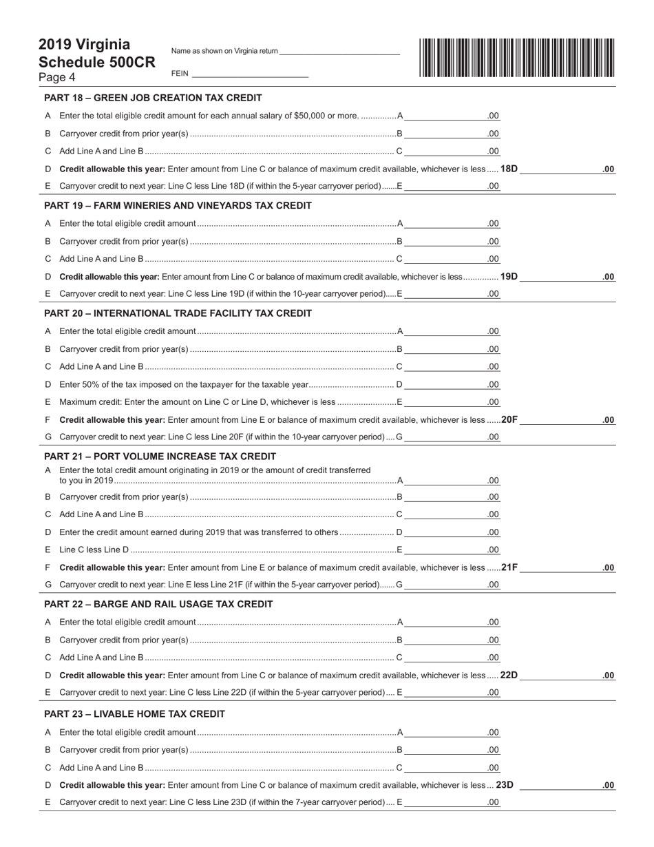 Form 500 Schedule 500CR Credit Computation Schedule for Corporations - Virginia, Page 4