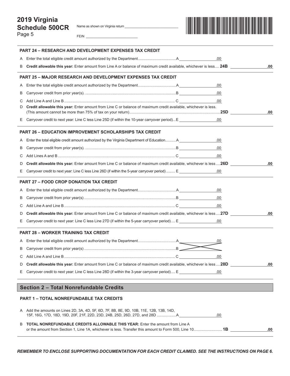 Form 500 Schedule 500CR Credit Computation Schedule for Corporations - Virginia, Page 5