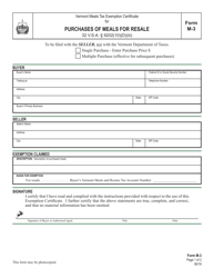 Form M-3 Vermont Meals Tax Exemption Certificate for Purchases of Meals for Resale - Vermont