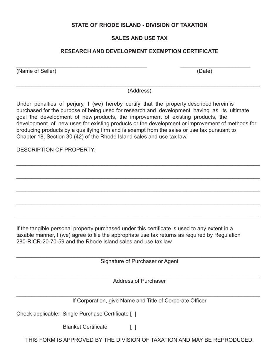Research and Development Exemption Certificate - Rhode Island, Page 1