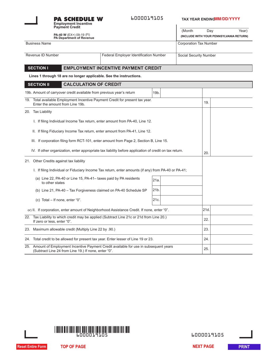 Form PA-40 Schedule W Employment Incentive Payment Credit - Pennsylvania, Page 1
