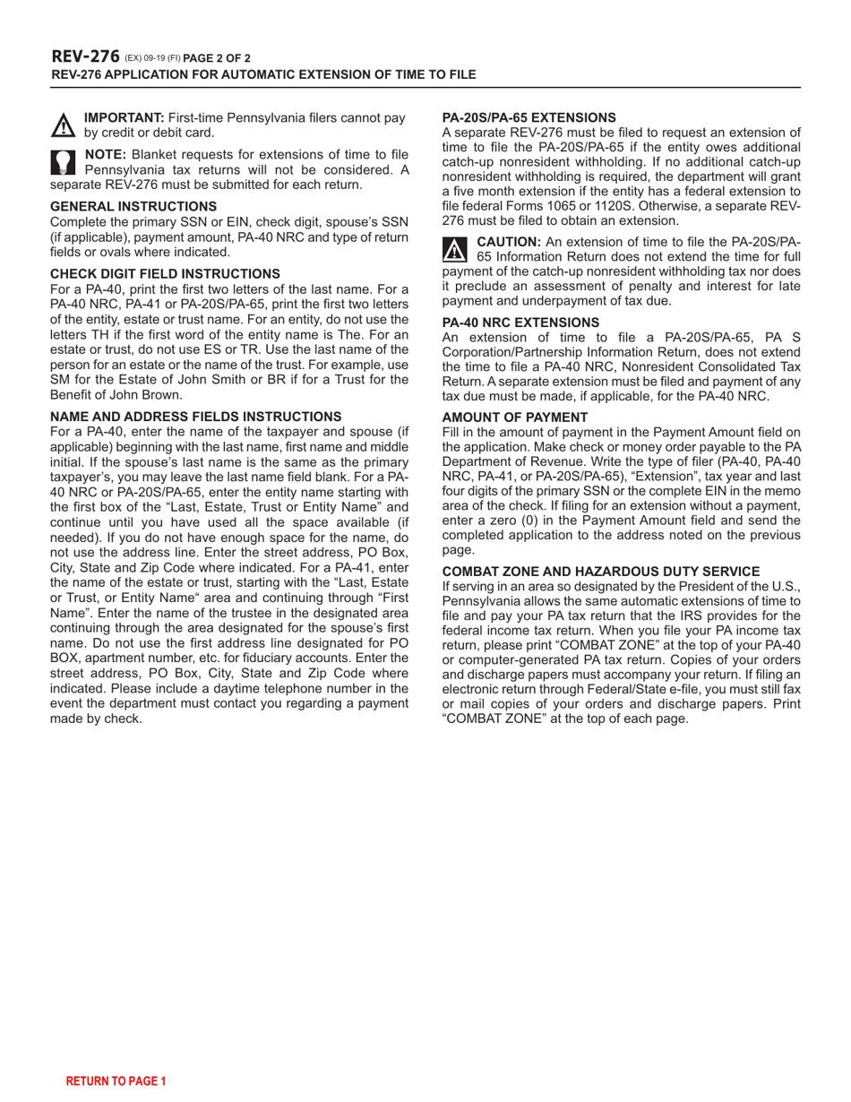 Form REV-276 Application for Automatic Extension of Time to File - Pennsylvania, Page 2
