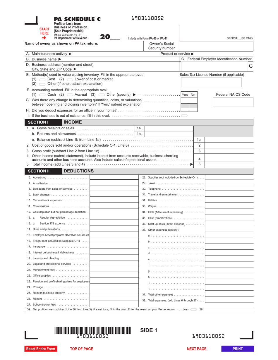 Form PA-40 Schedule C Profit or Loss From Business or Profession (Sole Proprietorship) - Pennsylvania, Page 1