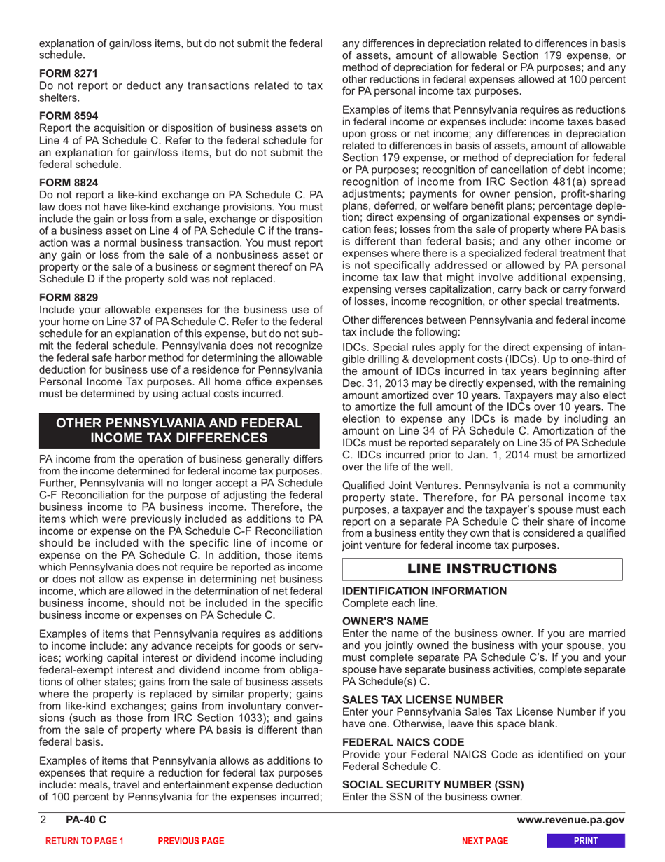 Form PA-40 Schedule C Profit or Loss From Business or Profession (Sole Proprietorship) - Pennsylvania, Page 4