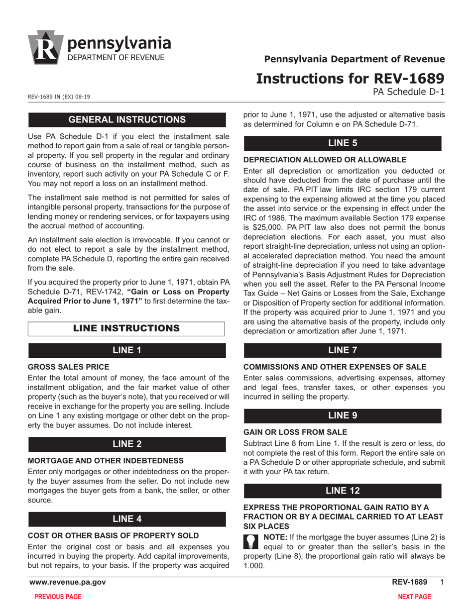 Form REV-1689 Schedule D-1 Calculation of Installment Sale Income - Pennsylvania, Page 3