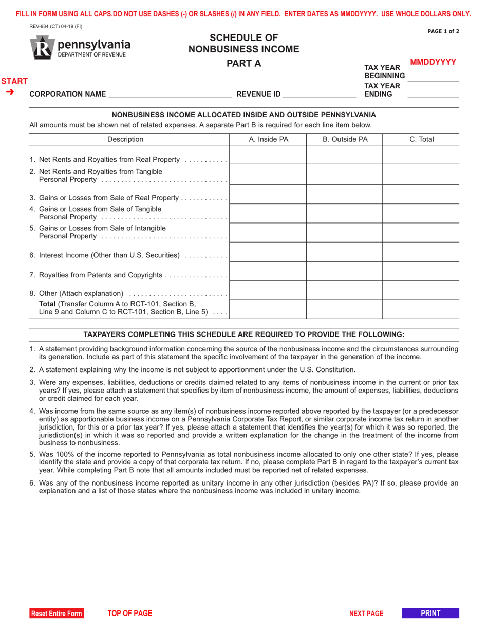 Form REV-934 Schedule of Nonbusiness Income - Pennsylvania, Page 1