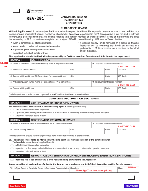 Form REV-291 Nonwithholding of Pa Income Tax Application - Pennsylvania