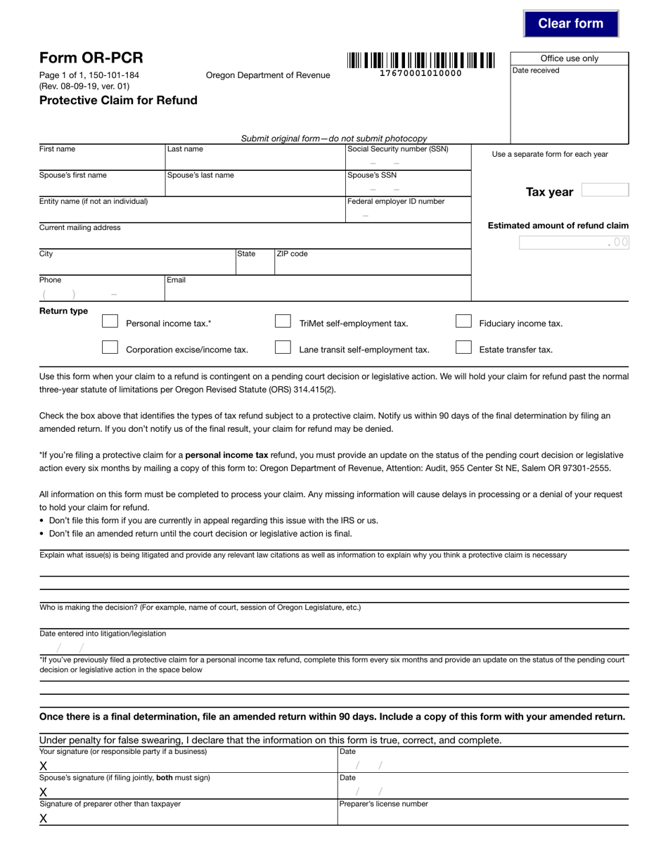 Form OR-PCR (150-101-184) Download Fillable PDF or Fill Online ...