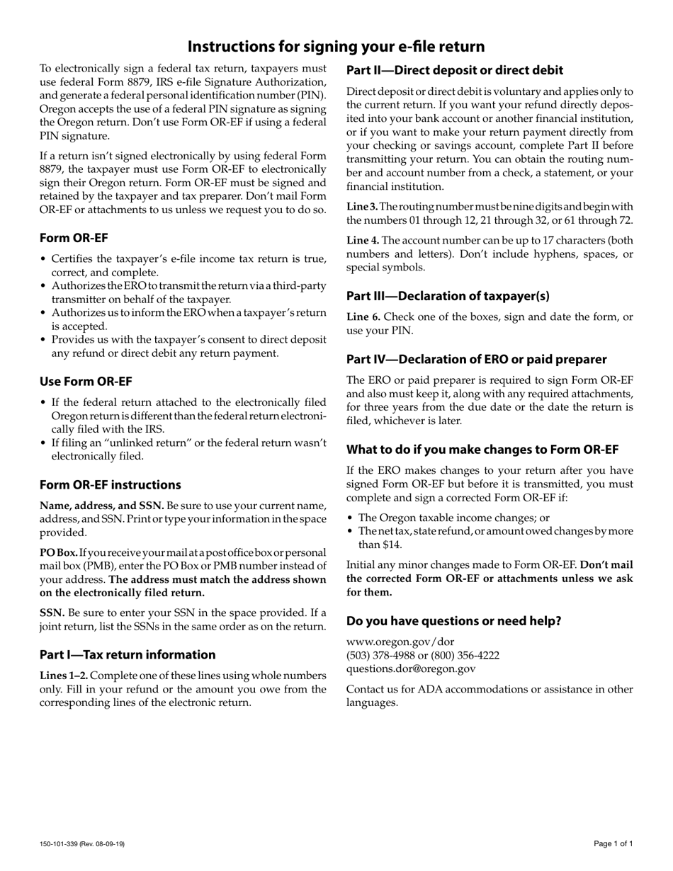 Form OR-EF (150-101-339) Oregon Individual Income Tax Declaration for Electronic Filing - Oregon, Page 3