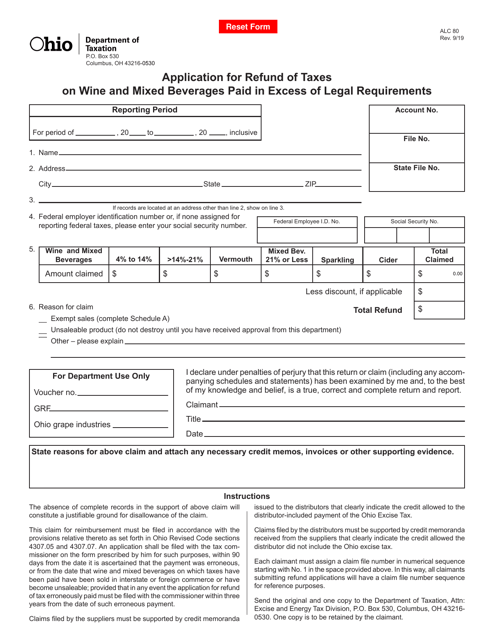 Form ALC80 Application for Refund of Taxes on Wine and Mixed Beverages Paid in Excess of Legal Requirements - Ohio
