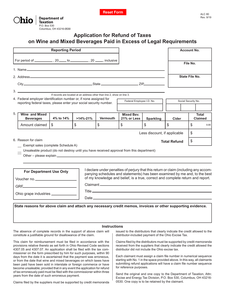 Form ALC80 Application for Refund of Taxes on Wine and Mixed Beverages Paid in Excess of Legal Requirements - Ohio, Page 1