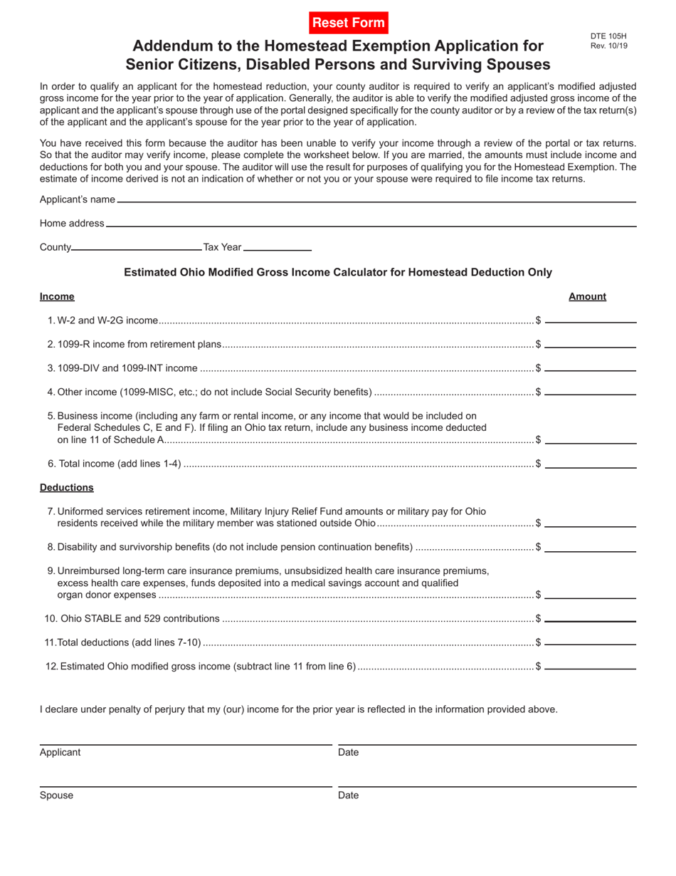 Form DTE105H Addendum to the Homestead Exemption Application for Senior Citizens, Disabled Persons and Surviving Spouses - Ohio, Page 1