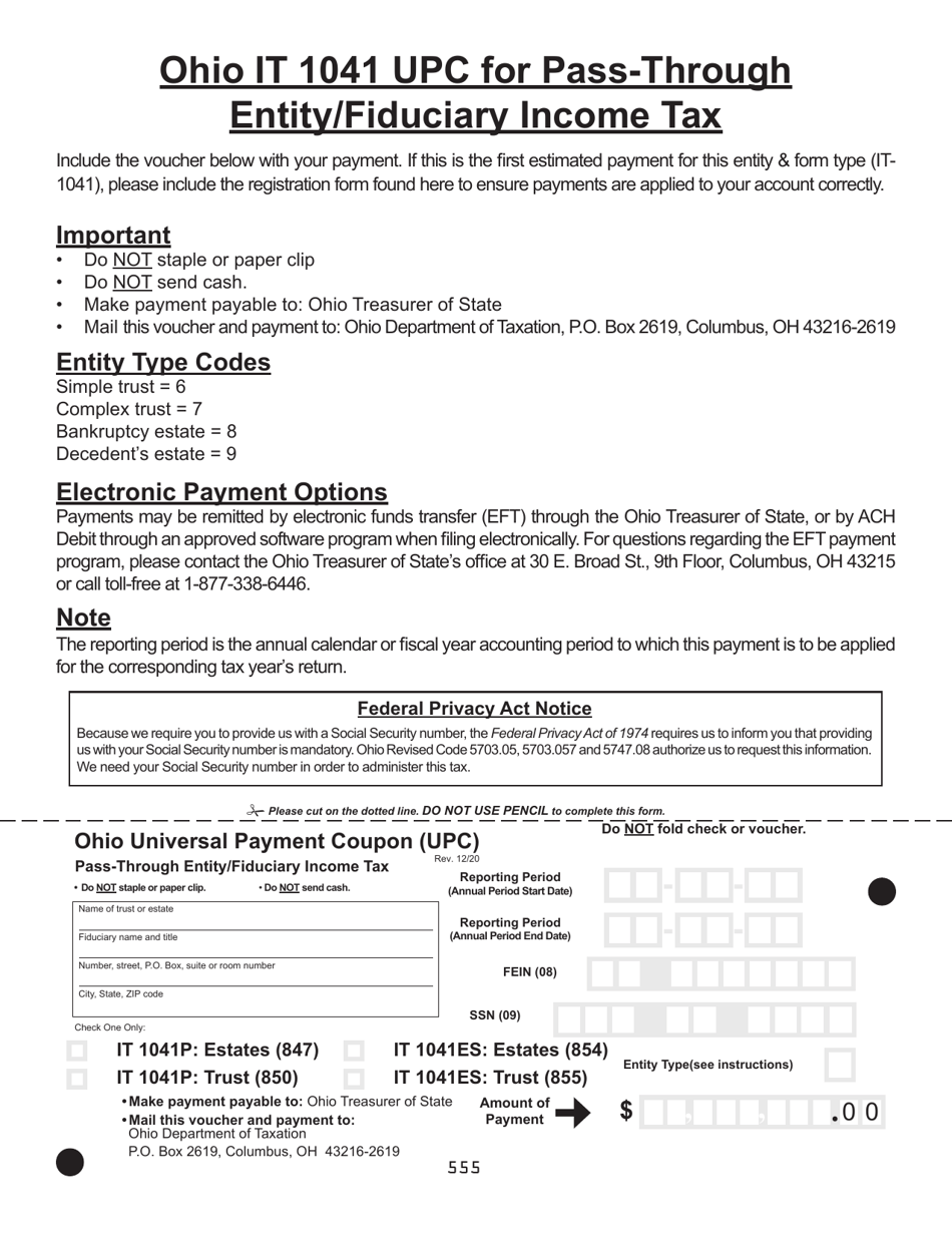 Form IT1041 UPC Ohio Universal Payment Coupon (Upc) Pass-Through Entity / Fiduciary Income Tax - Ohio, Page 1