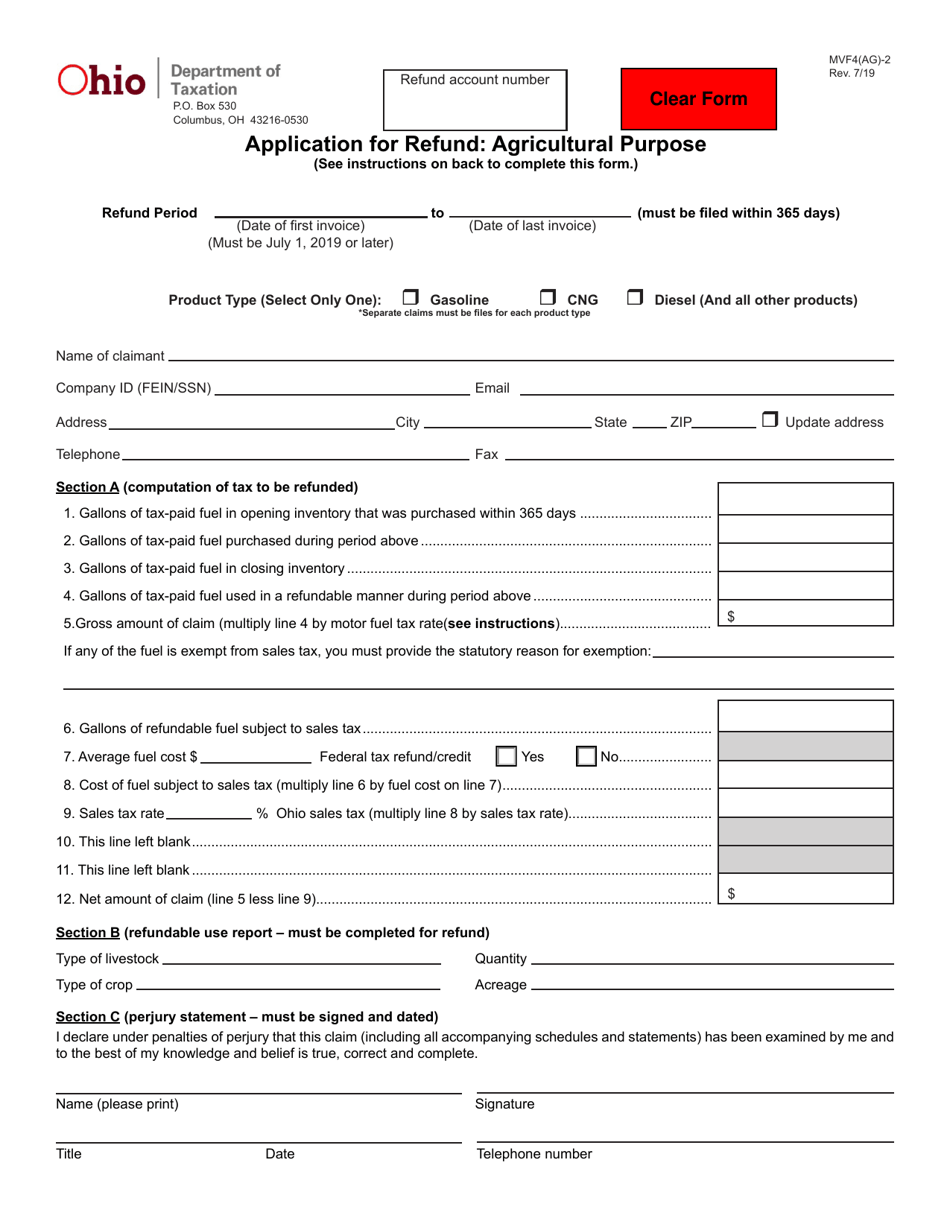 Form MVF4(AG)-2 Application for Refund: Agricultural Purpose - Ohio, Page 1