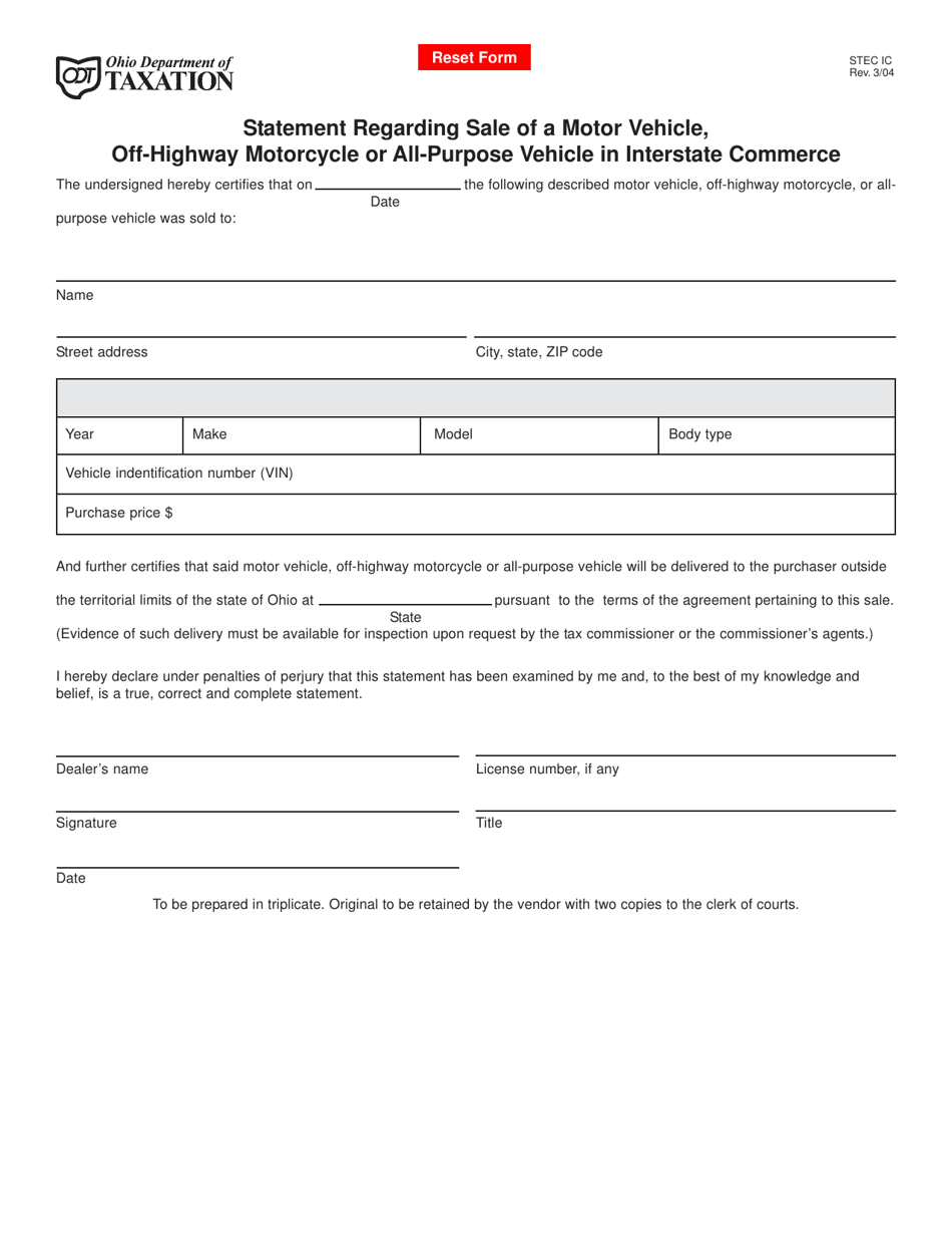 Form STEC IC Statement Regarding Sale of a Motor Vehicle, Off-Highway Motorcycle or All-purpose Vehicle in Interstate Commerce - Ohio, Page 1