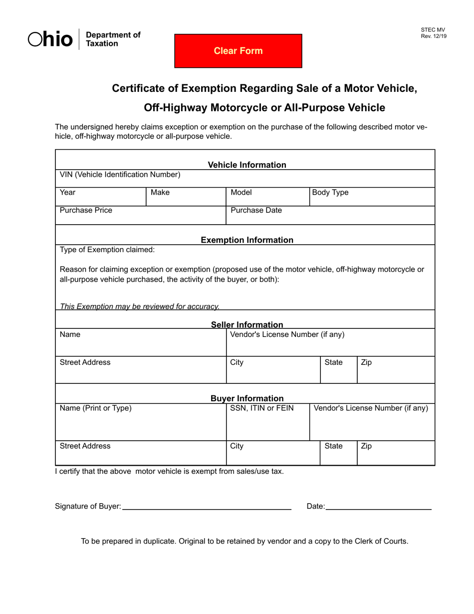 Form STEC MV Certificate of Exemption Regarding Sale of a Motor Vehicle, Off-Highway Motorcycle, or All-purpose Vehicle - Ohio, Page 1