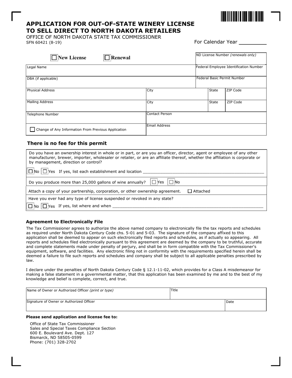 Form SFN60421 Application for Out-of-State Winery License to Sell Direct to North Dakota Retailers - North Dakota, Page 1