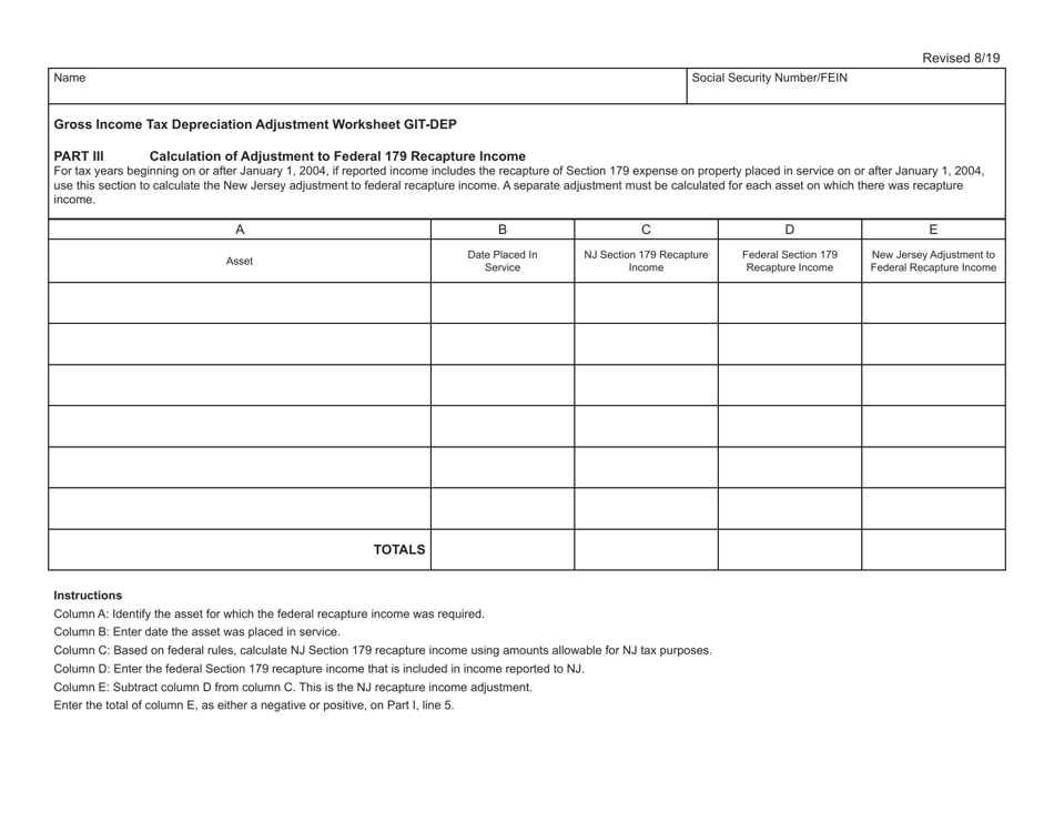 New Jersey Gross Income Tax Depreciation Adjustment Worksheet - Fill ...