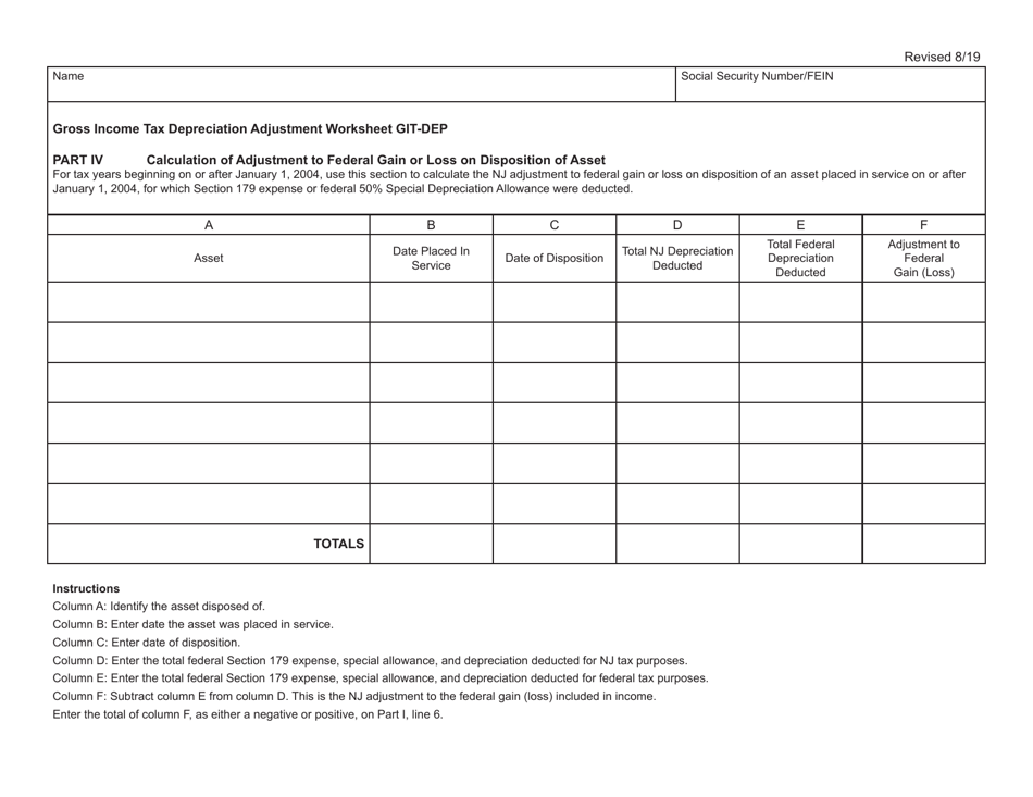 Worksheet GIT-DEP Gross Income Tax Depreciation Adjustment Worksheet - New Jersey, Page 5