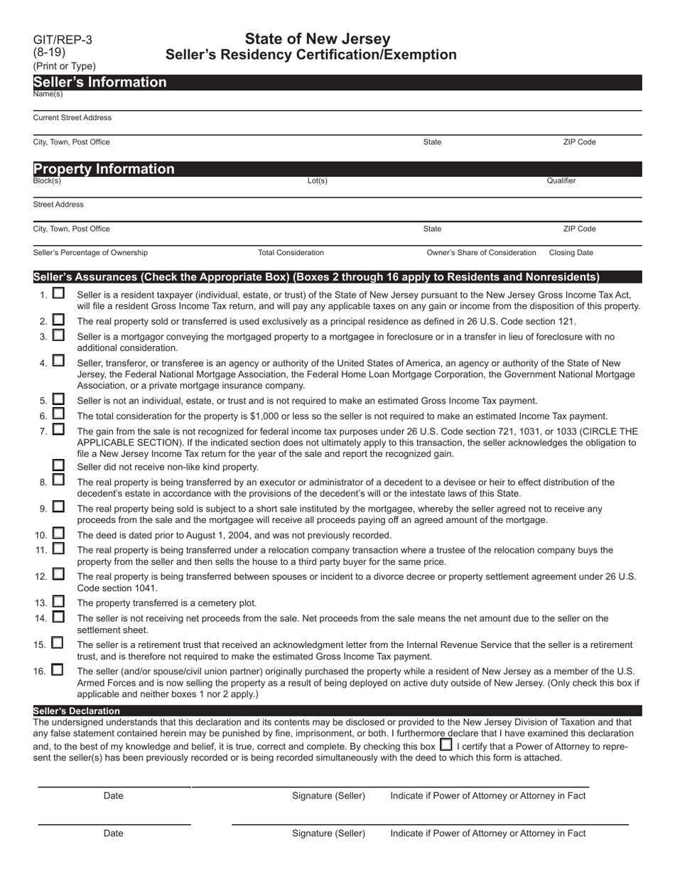 Form GIT / REP-3 Sellers Residency Certification / Exemption - New Jersey, Page 1