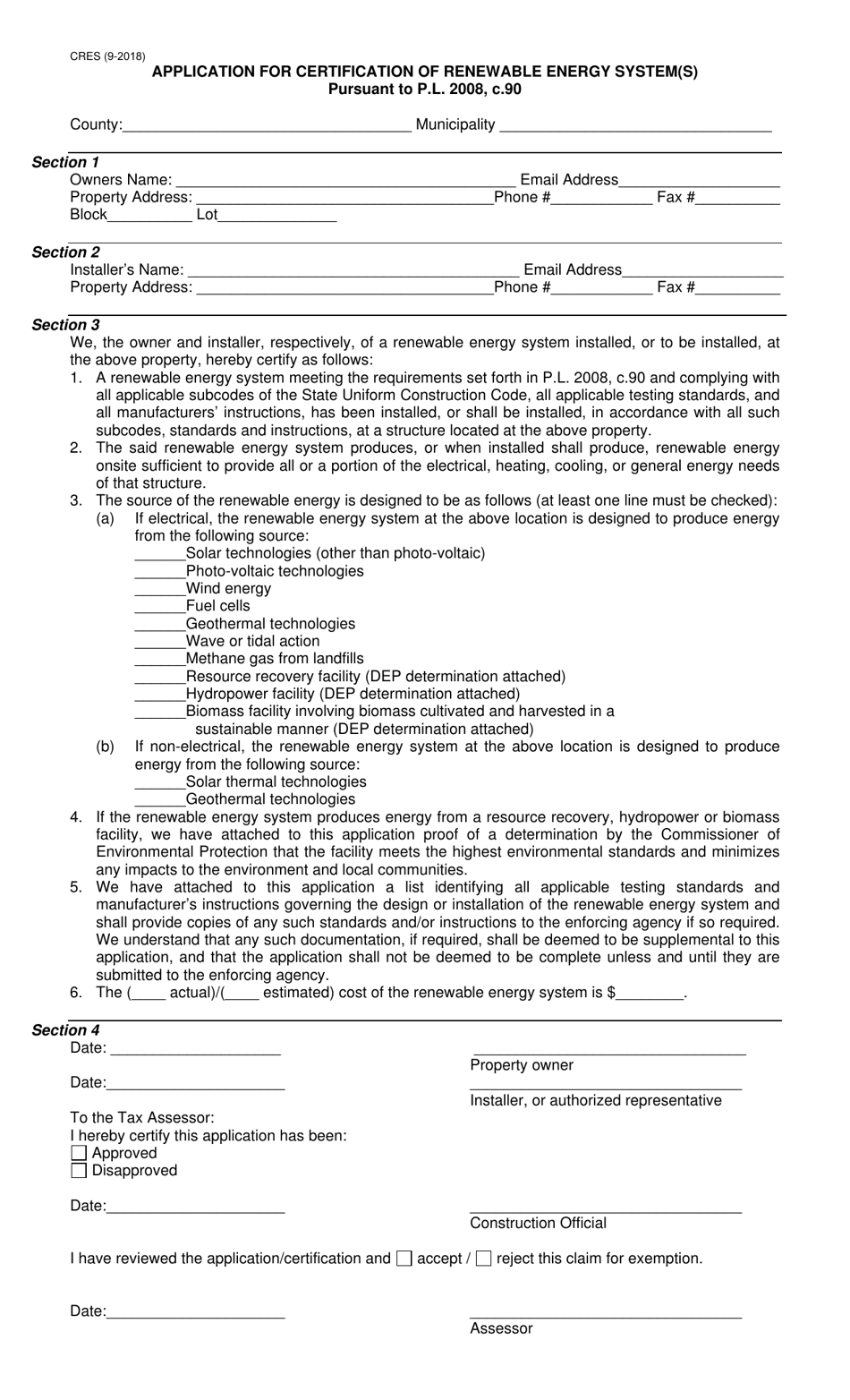 Form CRES Application for Certification of Renewable Energy System(S) Pursuant to P.l. 2008, C.90 - New Jersey, Page 1