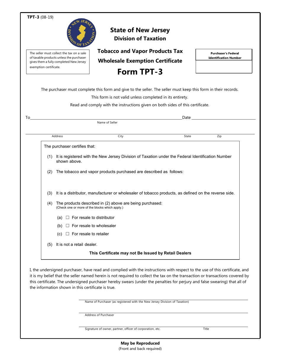 Form TPT-3 Tobacco and Vapor Products Tax Wholesale Exemption Certificate - New Hampshire, Page 1