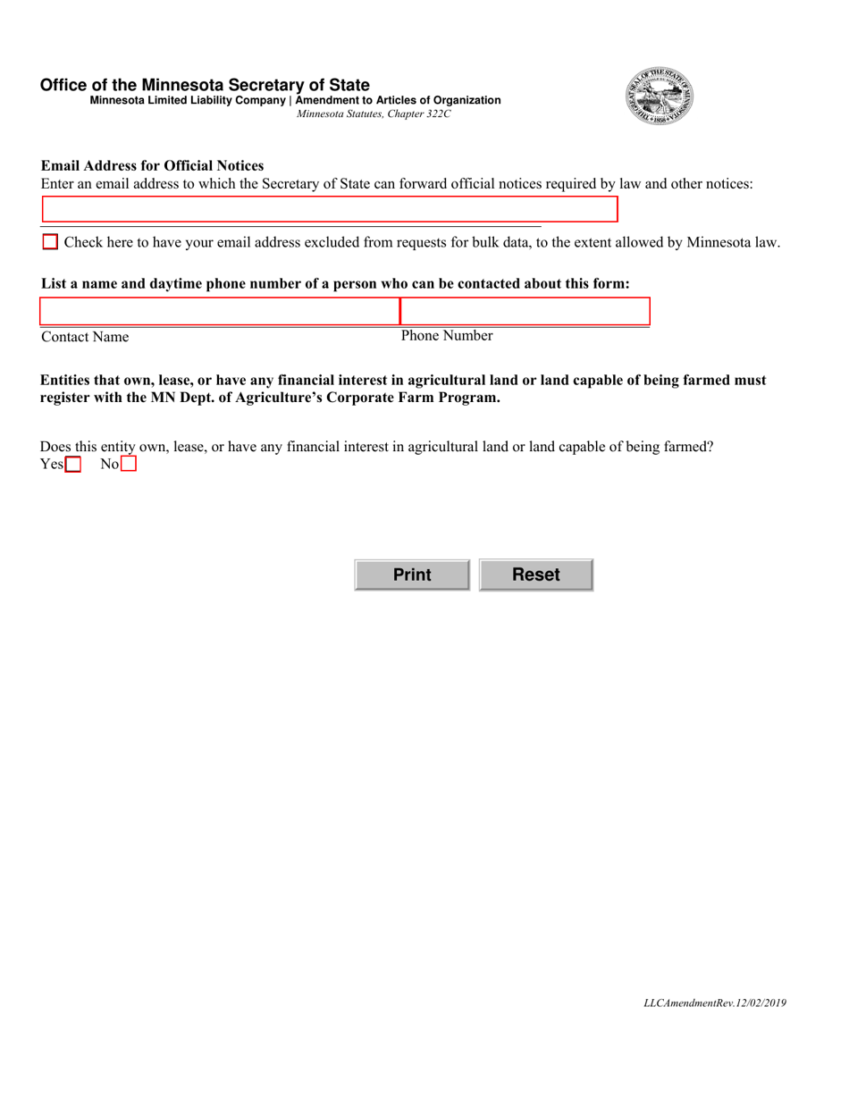 Minnesota Limited Liability Company Amendment to Articles of Organization - Minnesota, Page 2